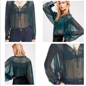 Free People Dream Cuff Blouse Teal Jewel
Crinkle Sheer Sequin Cuff M
